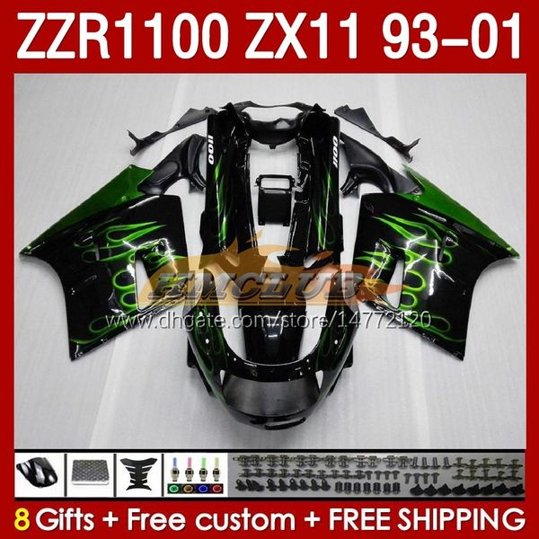 Corps Pour KAWASAKI NINJA ZX-11 R ZZR-1100 ZX-11R ZZR1100 ZX 11 R 11R ZX11 R 1993 1994 1995 2000 2001 165No.54 ZZR 1100 CC ZX11R 93 94 95 96 97 98 99 00 01 Kit de carénage Flammes vertes