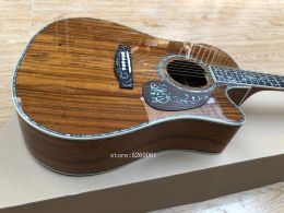 OEM custom hoge kwaliteit 41 inch KOA hout akoestische gitaar + ebbenhouten toets echte abalone shell inlay + cutaway elektrische gitaar