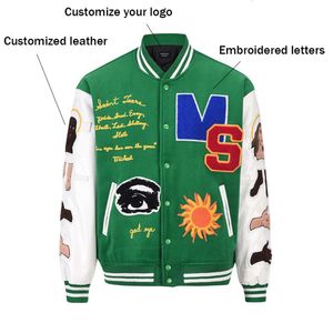 Oem aangepaste lederen mouwketting Chenille-borduurwerk Bomber Flight Baseball Vintage Letterman Varsity Jacket voor heren 64