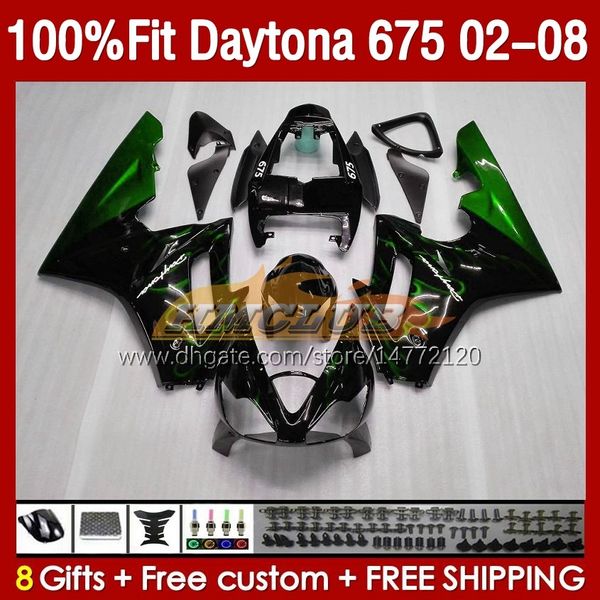 Fares OEM pour Daytona675 2002 2003 2004 2005 2006 2007 2008 Bodywork 148No.65 Daytona 675 R CC 675R 02 03 04 05 06 07 08 675CC 02-08 Kit de fairing d'injection Flames vertes