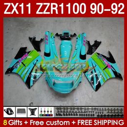 Carenados OEM para KAWASAKI NINJA ZZR1100 ZX 11 R 11R 1990-1992 Cuerpo 164No.55 ZX-11 R ZZR 1100 CC ZX-11R ZZR-1100 ZX11R 90 91 92 ZX11 R 1990 1991 1992 Kit de carenado verde cian