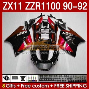 OEM-kuipen voor Kawasaki Ninja Zzr1100 ZX 11 R 11R 1990-1992 Body 164No.81 ZX-11 R ZZR 1100 CC ZX-11R ZZR-1100 ZX11R 90 91 92 ZX11 R 1990 1990 1991 1992 Rood Zwart Kit Red Black