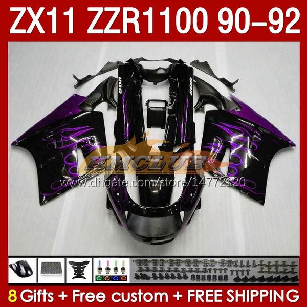 Carénages OEM pour KAWASAKI NINJA ZZR1100 ZX 11 R 11R 1990-1992 Corps 164No.73 ZX-11 R ZZR 1100 CC ZX-11R ZZR-1100 ZX11R 90 91 92 ZX11 R 1990 1991 1992 Kit de carénage flammes violettes