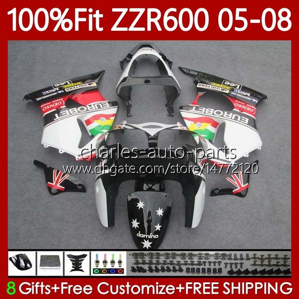 Kit de carenados OEM para KAWASAKI NINJA ZZR600 ZZR-600 600 CC 05-08 Carrocería 134No.182 100% Fit ZZR 600 2005 2006 2007 2008 600CC Negro rojo blanco 05 06 07 08 Cuerpo de molde de inyección