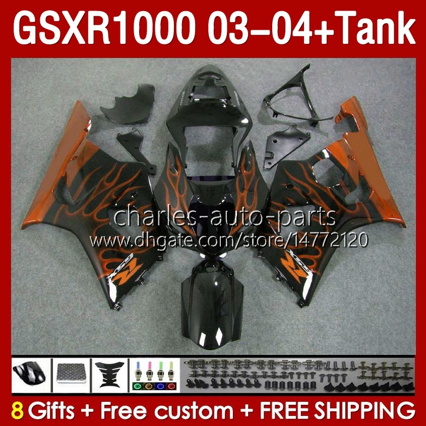 OEM Faitings Kit para Suzuki GSXR 1000 CC K3 GSXR-1000 2003-04 Bodywork 147NO.212 GSX-R1000 1000CC GSXR1000 03 04 GSX R1000 2003 2004 Failing de molde de inje￧￣o Flames Orange Flames