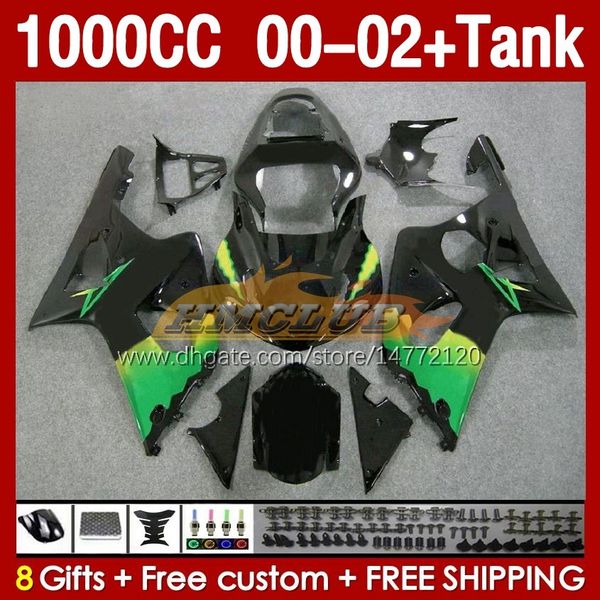 Tanque de carenado OEM para SUZUKI GSXR-1000 GSX R1000 GSXR 1000 CC 00-02 Cuerpo 155No.20 1000CC GSXR1000 K2 00 01 02 GSX-R1000 2001 2002 2002 Molde de inyección Carenado stock verde