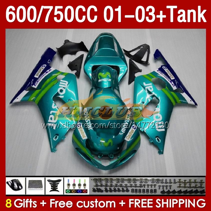 Tanque de carenado OEM para SUZUKI GSXR600 750CC GSXR-750 K1 2001-03 152No.29 600CC GSXR 600 750 CC GSXR750 01 02 03 GSXR-600 2001 2002 2003 Molde de inyección Carenado Movistar cian