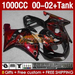 Tanque de carenados OEM para SUZUKI K2 GSXR-1000 GSXR 1000 CC GSXR1000 00 01 02 Cuerpo 155No.53 GSX R1000 GSX-R1000 2001 2002 2002 1000CC 00-02 Molde de inyección Carenado llamas rojas negro