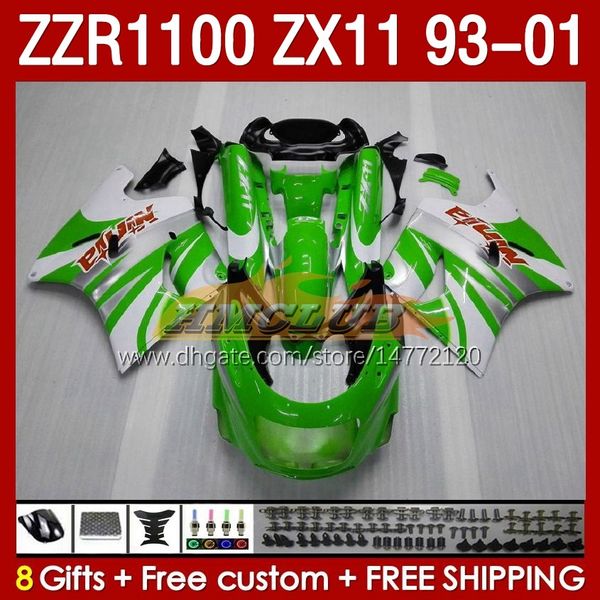 Corps complet OEM pour KAWASAKI NINJA ZX-11 R ZZR-1100 ZX-11R ZX11R 93 94 95 96 01 165No.65 ZZR 1100 CC ZX11 ZX 11 R 11R ZZR1100 1997 1998 1999 2000 2001 Kit de carénage vert stock