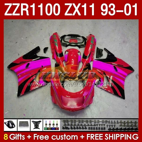 OEM cuerpo completo para KAWASAKI NINJA ZX-11 R ZZR-1100 ZX-11R ZX11R 93 94 95 96 01 165No.86 ZZR 1100 CC ZX11 ZX 11 R 11R ZZR1100 1997 1998 1999 2000 2001 Kit de carenados rosa rojo negro