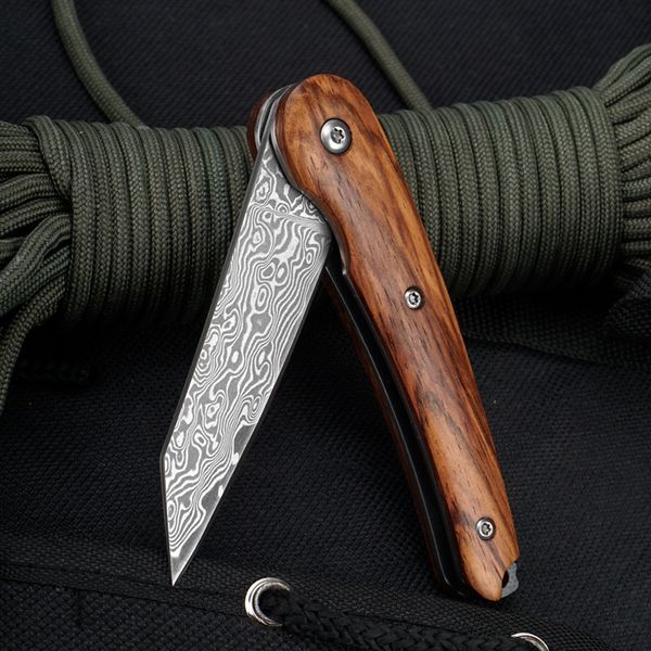 OEM de buena calidad, venta al por mayor, cuchillo plegable con mango de madera para acampar al aire libre, hoja de Damasco para EDC, pesca, senderismo, supervivencia de rescate