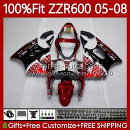 Molde de inyección OEM para KAWASAKI NINJA ZZR600 600CC Cuerpo 100% Fit 600 CC 05-08 Carrocería 134No.150 ZZR 600 05 06 07 08 ZZR-600 2005 2006 2007 2008 Carenado completo Rojo negro