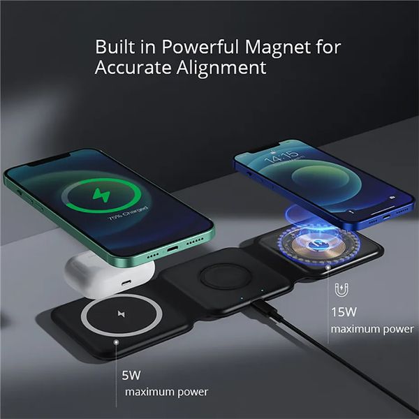 Chargeur sans fil magnétique pliable de qualité OEM 3 en 1 pour iPhone 14 13 11 12 Pro Max Chargeurs de charge portables 15 W Apple Watch AirPods 3 avec boîte de vente au détail