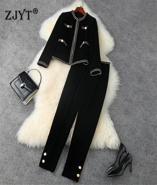 OEM Runway Fashion Otoño Invierno Mujer Pantalones de dos piezas Conjunto Mujer Elegante Manga larga Vintage Sólido Chaqueta de terciopelo negro y Trouse4016772