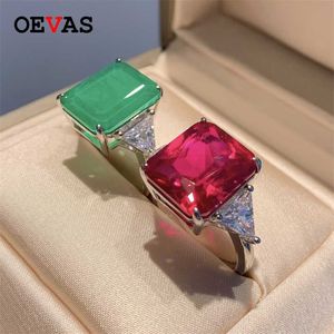 Oevas 100% 925 Sterling Zilver 12 * 12mm Vierkant Synthetische Emerald Ruby Hoge Carbon Diamond Ringen voor Dames Party Fijne Sieraden Gift 211217