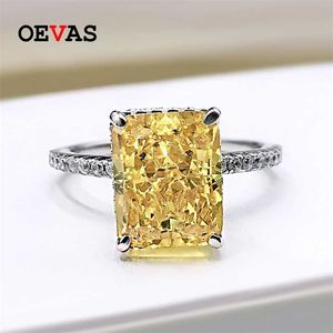 OEVAS 100% 925 Sterling Silver 8 * 10mm Jaune Rose Aigue-Marine Haute Carbone Diamant Radiant Cut Anneaux Pour Les Femmes Party Fine Jewelry 211217