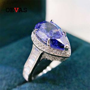 OEVAS 100% 925 Sterling Silver 8 * 1m Tanzanite Blue High Carbon Diamond Anneaux Pour Femmes Sparkling Wedding Party Fine Jewelry 211217