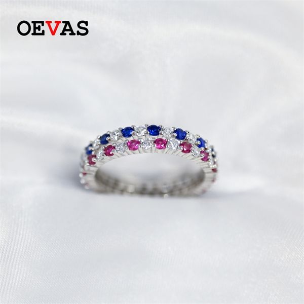 Oevas 100% 925 Sterling Silver Ruby Sapphire Sparkling High Carbon Diamond Anillos de dedo para mujeres Fiesta Joyería fina al por mayor 211217