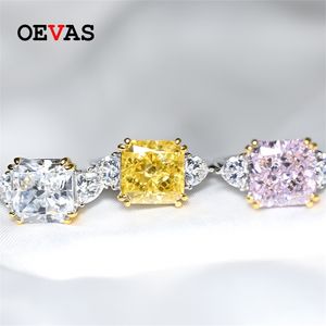 Oevas 925 Sterling zilveren trouwring voor vrouwen luxe 10 * 10mm geel roze wit zirkoon edelsteen ringen fijne sieraden groothandel 220216