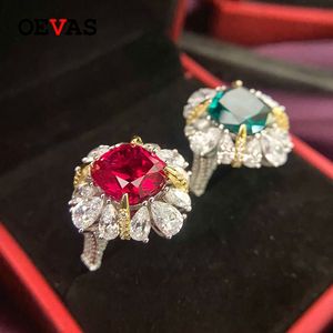 Oevas Luxe 10 * 11mm Grote Ruby Emerald Trouwringen voor Vrouwen 925 Sterling Zilver Vonken Volledig Aaaaa + Zircon Party Sieraden Gift