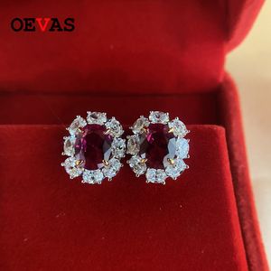 OEVAS Vintage 100% Plata de Ley 925 creado Moissanite rubí piedra preciosa piedra natal pendientes de tuerca chispa joyería fina regalos