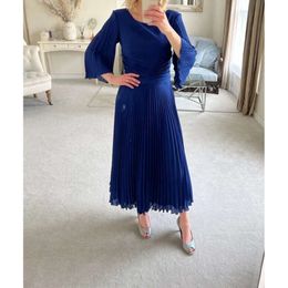 Van pakken de bruid chique marineblauwe enkellengte batau nek halve mouwen chiffon moeder outfits jurken