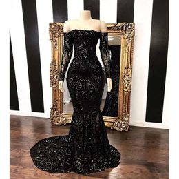 Off Elegant the Shoulder Black Sequins Mermaid Evening 2019 Lange mouwen vloerlengte formele feest beroemde jurken BC1422