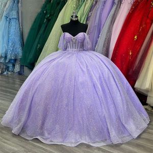 Uit Mexico paars de schouderjurk Quinceanera jurk voor meisjes bal kralen kristal verjaardagsfeestjes jurken boog robe de bal s