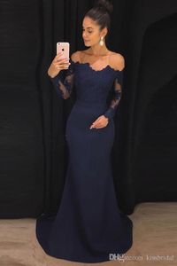 Uit de nieuwste sexy de schouder marineblauw Lace Prom Dresses lange mouw zeemeermin avondje cheep dames staart feestjurk formele jurk