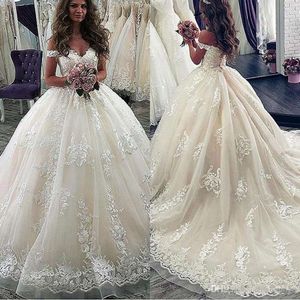 Off plus size schouder prinses baljurken kanten applique plooien vloeren lengte trouwjurk bruids jurk vestido de noiva