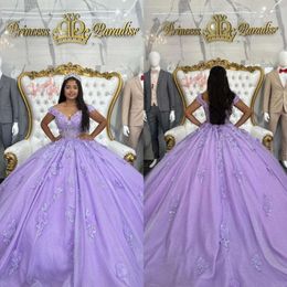 Off prinses jurken lavendel paarse schouderglitter pailletten applices vestido de quinceanera tule sweet 15 maskerade jurk
