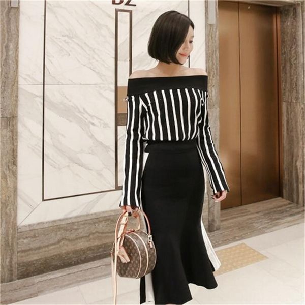 Ensuite à l'épaule 2 Pièce Korea Mesdames à manches longues Stripe et Black Midi Sexy Club Jupe Ensemble pour Femmes Vêtements 210602