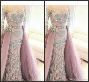 Hors épaule arabe voir à travers les robes de soirée à manches longues Overskirts 2020 nouvelle longue robe formelle Sexy Party robes de bal balayage train plus la taille