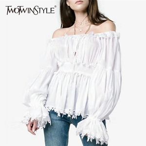 Off Shoulder blouse vrouwelijke ruches lace up flare mouw tuniek elastische hoge taille wit shirt lente mode sexy 210524