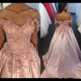 Off Shoulder Blush Pink Prom Dress 3D Bloemen Appliques Beaded Avond Feestjurken Lace Up Back