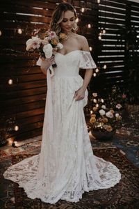 Hors épaule bohème plage robes de mariée pleine dentelle Applique Faitytail étage longueur Boho jardin robes de mariée