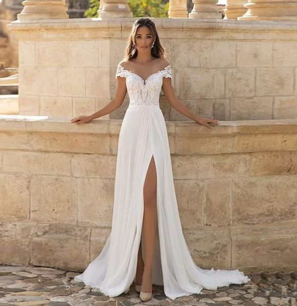 Vestido de novia con hombros descubiertos, escote en V profundo, apliques de encaje con abertura lateral, vestido de novia Formal de gasa para playa