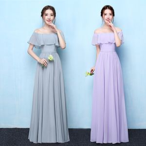 Fuera del hombro Gasa Vestidos de dama de honor bohemios En stock 2019 Moda Mujer Maxi vestido Color gris lavanda