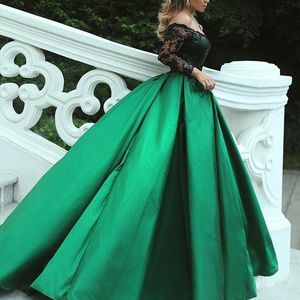 Robes de soirée robe de bal vert foncé à épaules dénudées avec manches longues robes de soirée en dentelle à paillettes noires Plus Sizse Vestido de Festa