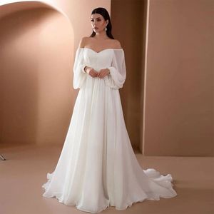 Off-shoulder jurk dames bruid mode elegante vintage bladerdeeg mouw elastische hoge taille witte maxi lange avondjurk 240304