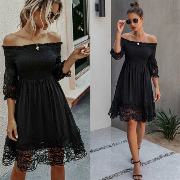 Hors Épaule Robe Femmes Sexy Dos Nu Ruché Robes Soirée Dames Noir Dentelle Équipée Vêtements Élégant Automne Femmes Robe Y0603