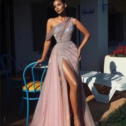 Off Shoulder Elegant Long Prom -jurken Volledig kralen voor Arabische vrouwen sexy front Split formele avond optocht jurken kleding robe de soiree