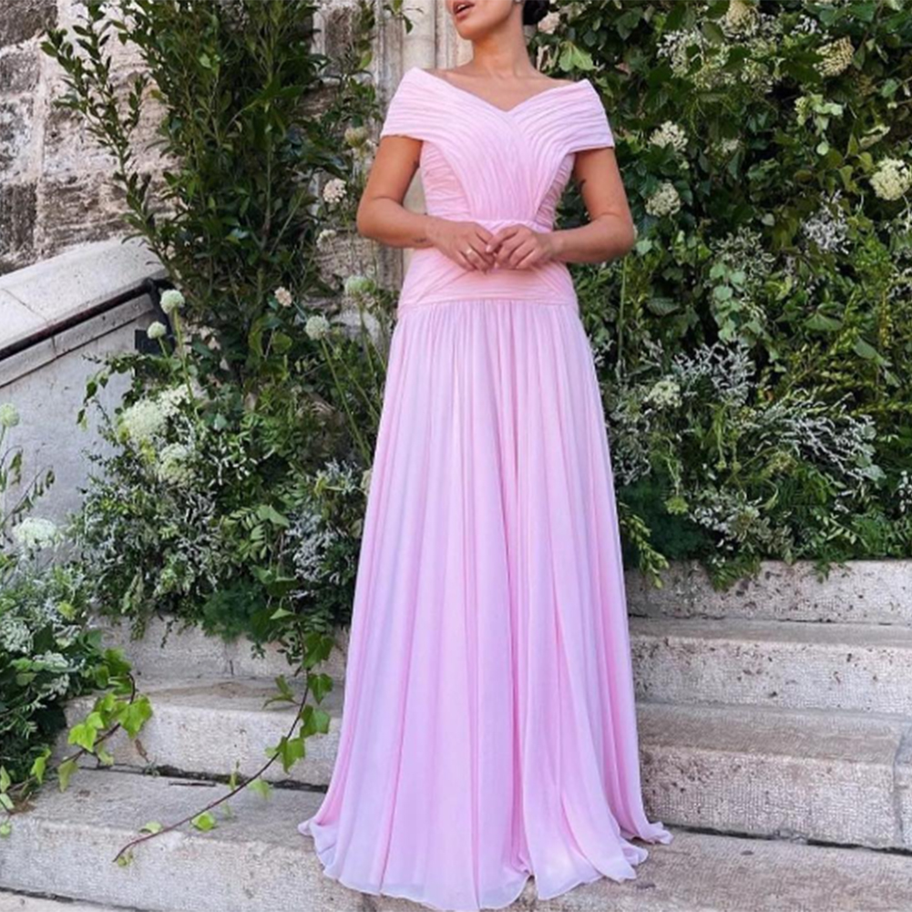 Off Shoulder Evening Dresses Long A Line Prom Dress Elegant Pink Chiffon Formal Party Gown for Women