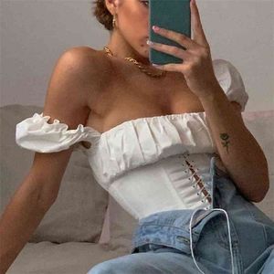 Off Shoulder Fashion Lace Up Shirts Blouse Vrouwen Witte Crop Tops Blouses Kleding Vintage Tie Front Tops 210518