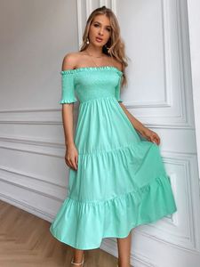 Off Shoulder Frill Trim Shirred Bodice Dress She