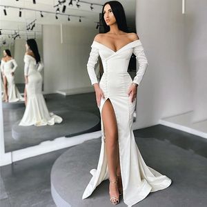 Off-shoulder split aan de voorzijde zeemeermin avondjurken lange mouwen sweep trein satijn formele feestjurk Robe de soirée