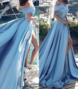 Off Shoulder High Split 2018 prom -jurken zij Slit een lijn sweep trein licht luchtblauwe avond feestjurken goedkoop plus size customiz2004570