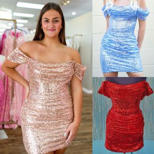 Off-shoulder schoolgalajurk 2k24 NYE Hoco Korset met ruches en pailletten Drama Afstuderen Formeel Cocktailparty Bruiloftsgast Vakantie Club Black-Tie Gala Schoolfeest Lichtblauw Rood