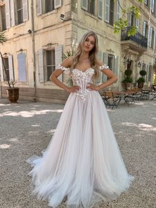 Off Shoulder Illusion A Line Wedding Jurken Sweetheart kralen Hoge gesplitste bruidsjurken 3D Flowers Applique Robes de Mariee