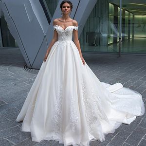 Off Shoulder Kant Applicaties A-lijn Trouwjurken Bruidsjurken Prinses Custom Made Lange Robe De Mariage Witte Tuin Dames Wedd1879